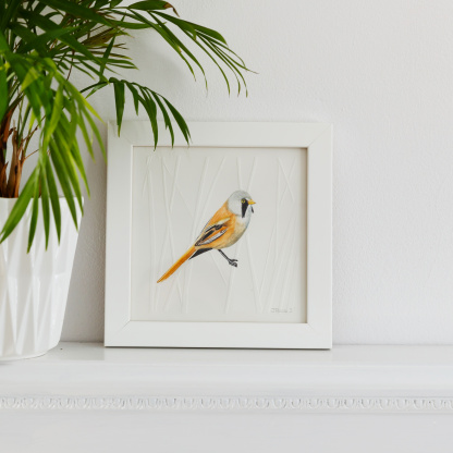 A watercolour painting of a Bearded Tit. The orange & black bird grasps onto blind embossed reeds. The painting is in a white wooden frame which is placed on a white fireplace. Next to the bird is green potted plant in a white geometic pot.