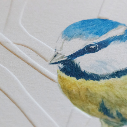 A close up photograph of the watercolour painting of a Blue Tit (Cyanistes caeruleus) The focus is on the birds head and wing. The photograph is angled to highlight the embossing on the branches.