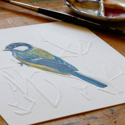 A watercolour painting of a Great Tit (Parus major). The blue & yellow bird grasps onto blind embossed branches. Angled to highlight the embossing, the painting lays on a wooden table next to a paint brush and a paint pallet.