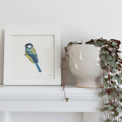A watercolour painting of a Great Tit. The blue & yellow bird grasps onto blind embossed branches. The painting is in a white wooden frame which is placed on a white fireplace. Next to the bird is a string of hearts plant in a white plant pot.