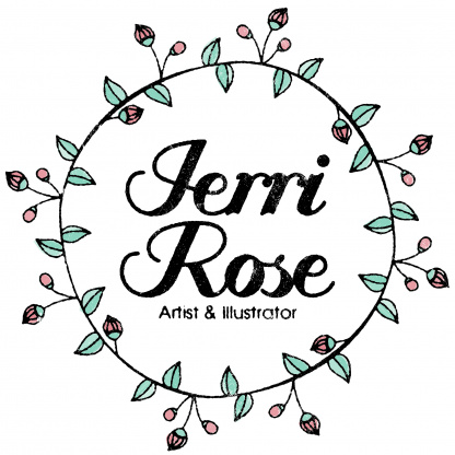 The logo of the artist and illustrator Jerri Rose. The name Jerri Rose is centred and printed in a lino style sarif font. The name is surrounded by a circle of pale green leaves and small pale pink rose buds.