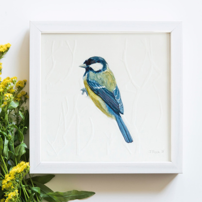 A watercolour painting of a Great Tit (Parus major). The blue & yellow bird grasps onto blind embossed branches. The painting is in a white wooden frame which is placed on a white background. Next to the bird is bunch of yellow flowers.