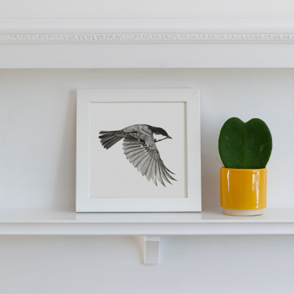 A pencil drawing of a Coal Tit (Periparus ater) in flight. The black and white bird is depicted flying with its wings down. The drawing is in a white frame which is placed on a white fireplace. Next to the bird is succulent in a small yellow pot.