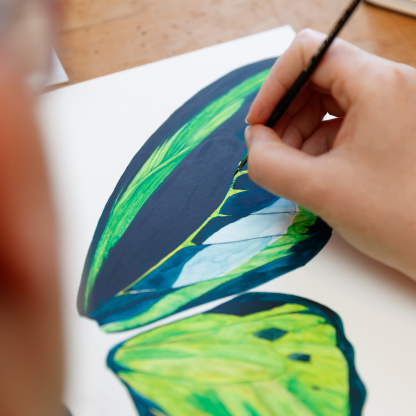 A close-up of the detail of the green Common Green Birdwing butterfly watercolour painting being painted. A hand holds a fine brush which is applying spots of paint to the wing of the butterfly. The painting is placed on an old wooden table.