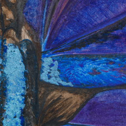 A close-up of the detail of the purple and blue Oakblue butterfly watercolour painting. The focus is on the wing of the butterfly and the electric blue which is punctuated with inky blue lines and pink and purple paint.